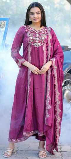 Pink and Majenta color Salwar Kameez in Silk fabric with Embroidered, Sequence, Thread work