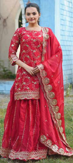 Red and Maroon color Salwar Kameez in Silk fabric with Embroidered, Sequence, Thread work