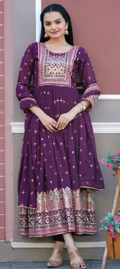 Purple and Violet color Salwar Kameez in Faux Georgette fabric with Embroidered, Sequence, Thread work
