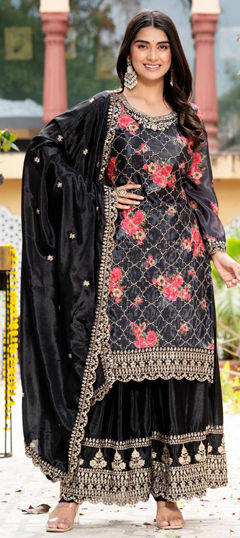 Black and Grey color Salwar Kameez in Silk fabric with Embroidered, Sequence, Thread work