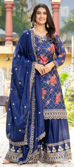 Blue color Salwar Kameez in Silk fabric with Embroidered, Sequence, Thread work