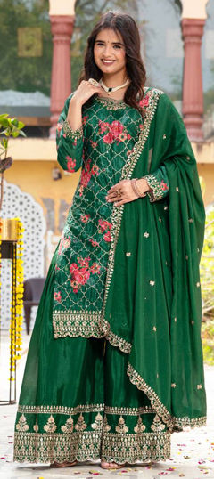 Green color Salwar Kameez in Silk fabric with Embroidered, Sequence, Thread work