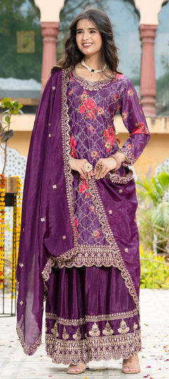 Pink and Majenta color Salwar Kameez in Silk fabric with Embroidered, Sequence, Thread work