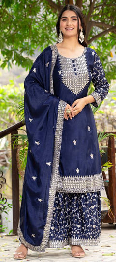 Blue color Salwar Kameez in Silk fabric with Embroidered, Sequence, Thread work