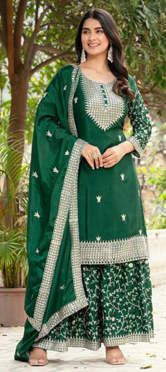 Green color Salwar Kameez in Silk fabric with Embroidered, Sequence, Thread work