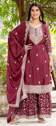 Red and Maroon color Salwar Kameez in Silk fabric with Embroidered, Sequence, Thread work