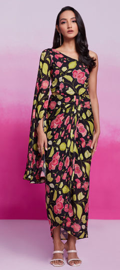Black and Grey color Co-ords Set in Art Silk fabric with Printed work