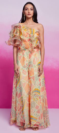 Beige and Brown color Co-ords Set in Organza Silk fabric with Printed work