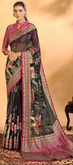 Black and Grey color Saree in Brasso fabric with Printed work