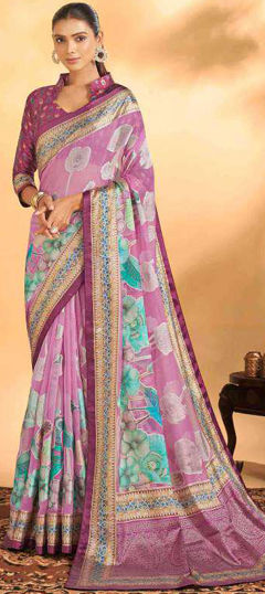 Pink and Majenta color Saree in Brasso fabric with Floral, Printed work