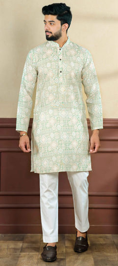 Green color Kurta Pyjamas in Linen fabric with Digital Print work