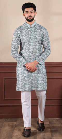 Green color Kurta Pyjamas in Linen fabric with Digital Print work