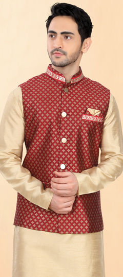 Red and Maroon color Nehru Jacket in Jacquard fabric with Lace work