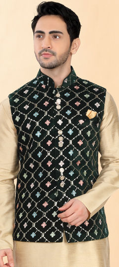 Green color Nehru Jacket in Velvet fabric with Embroidered, Sequence, Thread work