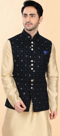 Blue color Nehru Jacket in Velvet fabric with Embroidered, Sequence, Thread work