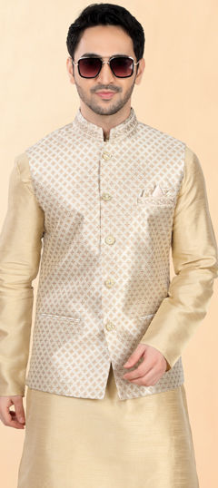 White and Off White color Nehru Jacket in Jacquard fabric with Lace work