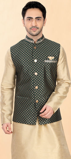 Green color Nehru Jacket in Jacquard fabric with Lace work