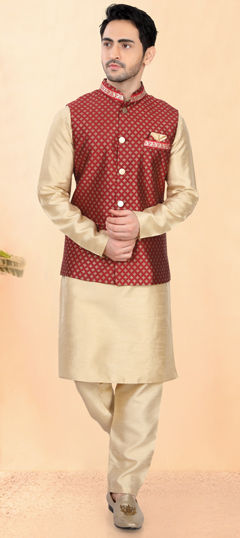 Gold color Kurta Pyjama with Jacket in Art Silk fabric with Lace work