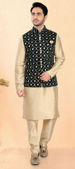 Gold color Kurta Pyjama with Jacket in Art Silk fabric with Embroidered, Sequence, Thread work