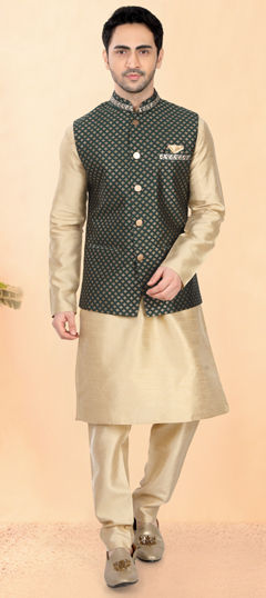 Gold color Kurta Pyjama with Jacket in Art Silk fabric with Lace work