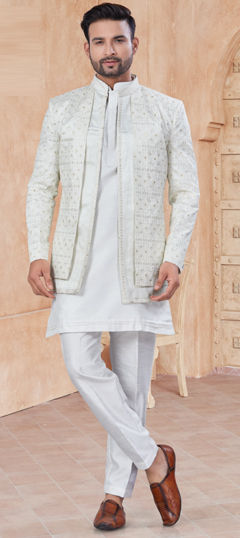 White and Off White color IndoWestern Dress in Raw Silk fabric with Embroidered, Sequence, Thread work