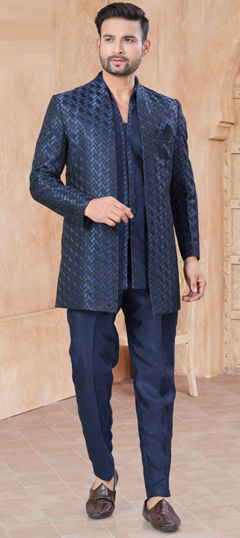 Blue color IndoWestern Dress in Jacquard fabric with Embroidered, Sequence, Thread work