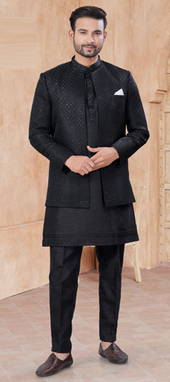 Black and Grey color IndoWestern Dress in Jacquard fabric with Embroidered, Sequence, Thread work