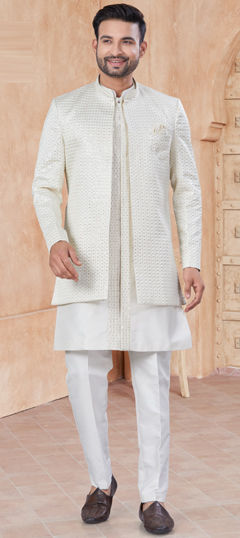 White and Off White color IndoWestern Dress in Silk fabric with Embroidered, Sequence, Thread work