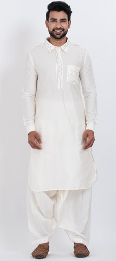 White and Off White color Pathani Suit in Viscose fabric with Thread work