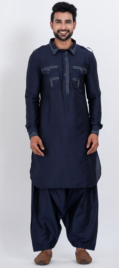 Black and Grey color Pathani Suit in Viscose fabric with Thread work