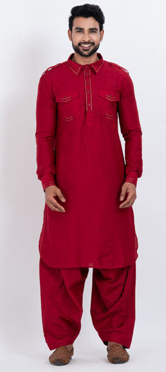 Red and Maroon color Pathani Suit in Viscose fabric with Thread work