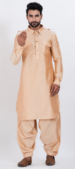 Beige and Brown color Pathani Suit in Viscose fabric with Thread work