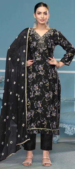 Black and Grey color Salwar Kameez in Cotton fabric with Bugle Beads, Floral, Printed, Sequence work