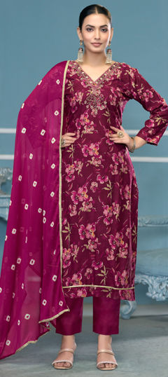 Purple and Violet color Salwar Kameez in Cotton fabric with Bugle Beads, Floral, Printed, Sequence work