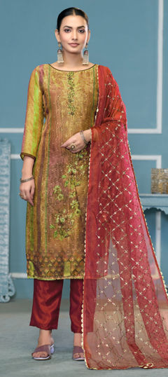 Multicolor color Salwar Kameez in Shimmer fabric with Bugle Beads, Floral, Printed, Sequence work