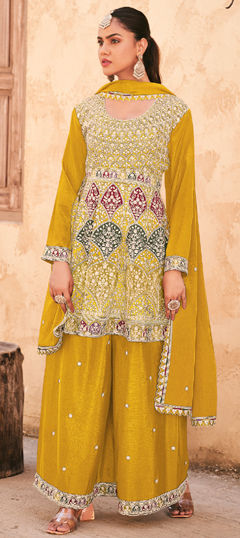 Yellow color Salwar Kameez in Silk fabric with Embroidered, Sequence, Thread work