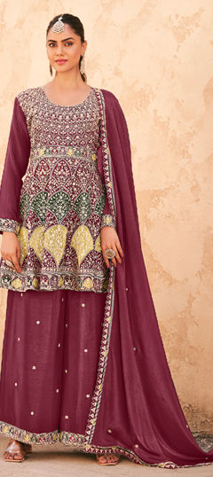 Red and Maroon color Salwar Kameez in Silk fabric with Embroidered, Sequence, Thread work