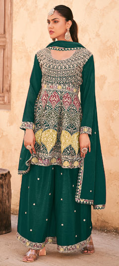 Green color Salwar Kameez in Silk fabric with Embroidered, Sequence, Thread work