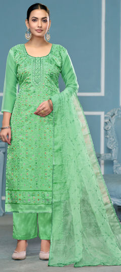 Green color Salwar Kameez in Organza Silk fabric with Embroidered, Sequence, Thread work