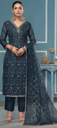 Green color Salwar Kameez in Organza Silk fabric with Embroidered, Thread, Weaving work