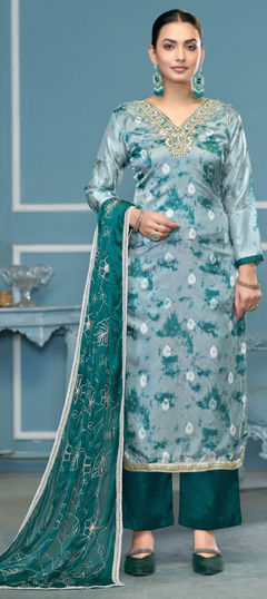 Blue color Salwar Kameez in Organza Silk fabric with Embroidered, Printed, Sequence, Thread work