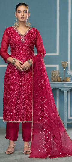 Red and Maroon color Salwar Kameez in Organza Silk fabric with Embroidered, Thread, Weaving work