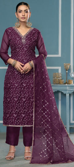 Purple and Violet color Salwar Kameez in Organza Silk fabric with Embroidered, Thread, Weaving work
