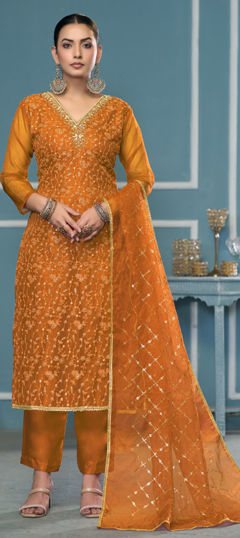 Orange color Salwar Kameez in Organza Silk fabric with Embroidered, Thread, Weaving work