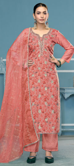 Pink and Majenta color Salwar Kameez in Organza Silk fabric with Embroidered, Thread, Weaving work