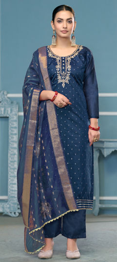 Blue color Salwar Kameez in Banarasi Silk fabric with Printed, Weaving work