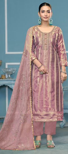 Purple and Violet color Salwar Kameez in Organza Silk fabric with Embroidered, Thread, Weaving work