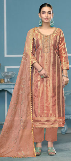 Pink and Majenta color Salwar Kameez in Organza Silk fabric with Embroidered, Thread, Weaving work