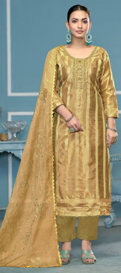 Green color Salwar Kameez in Organza Silk fabric with Embroidered, Thread, Weaving work