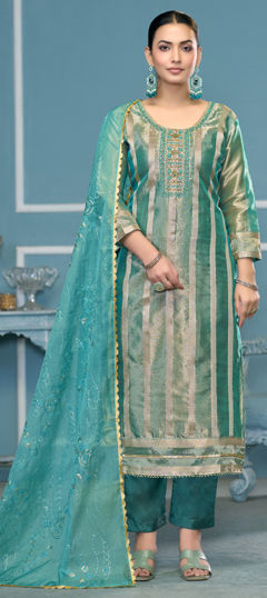 Blue color Salwar Kameez in Organza Silk fabric with Embroidered, Thread, Weaving work